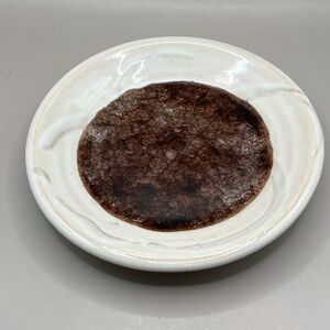 Signed Pottery Trinket Dish With Brown Fused Glass Center 7.25”